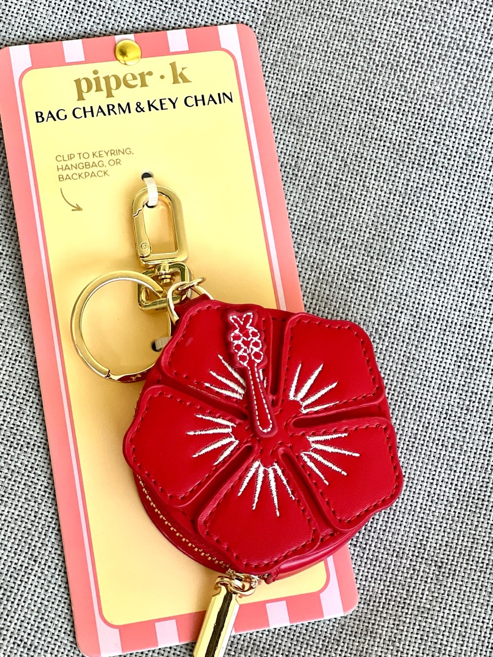 Piper K Hibiscus flower wallet key ring bag charm red gold